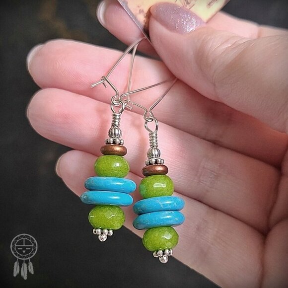 Green Jade Turquoise Earrings With Sterling Silver Earwires - Picture 2 of 8